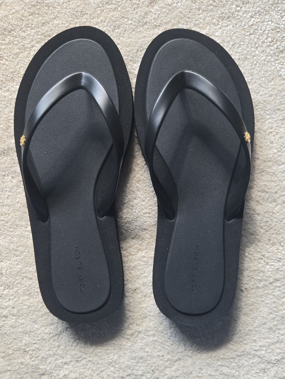 Tory Burch Black Flip Flop Sandals with Gold Logo Accent